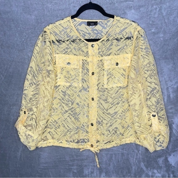 Lark Lane Yellow Hatch Pattern Button Down Sheer Blouse Cinch Hem Size 16 - Picture 1 of 8